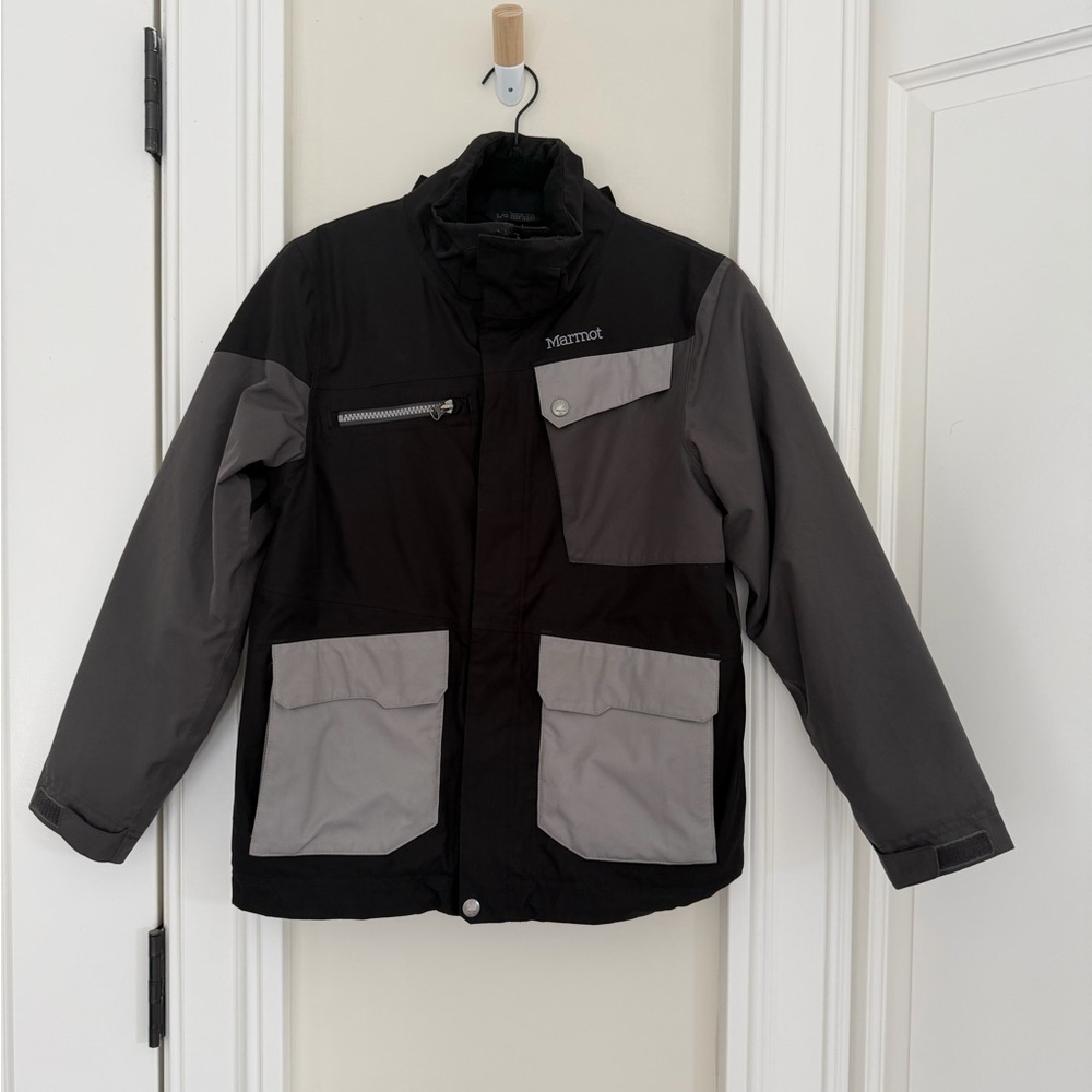 Marmot Kids Two-Tone Black and Gray Puffer Jacket with detachable hood